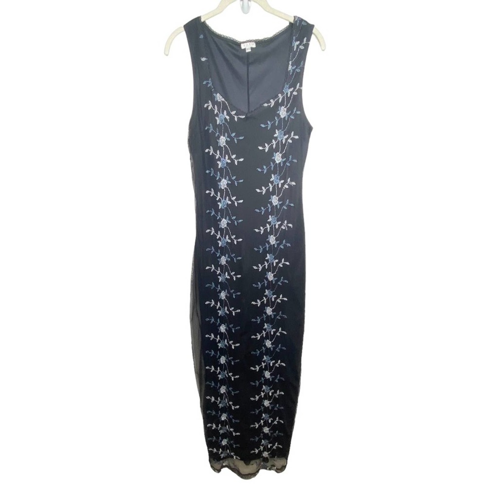 VINTAGE XOXO Black Embroidered Sheer Overlay Sleeveless 100% Nylon Maxi Dress
